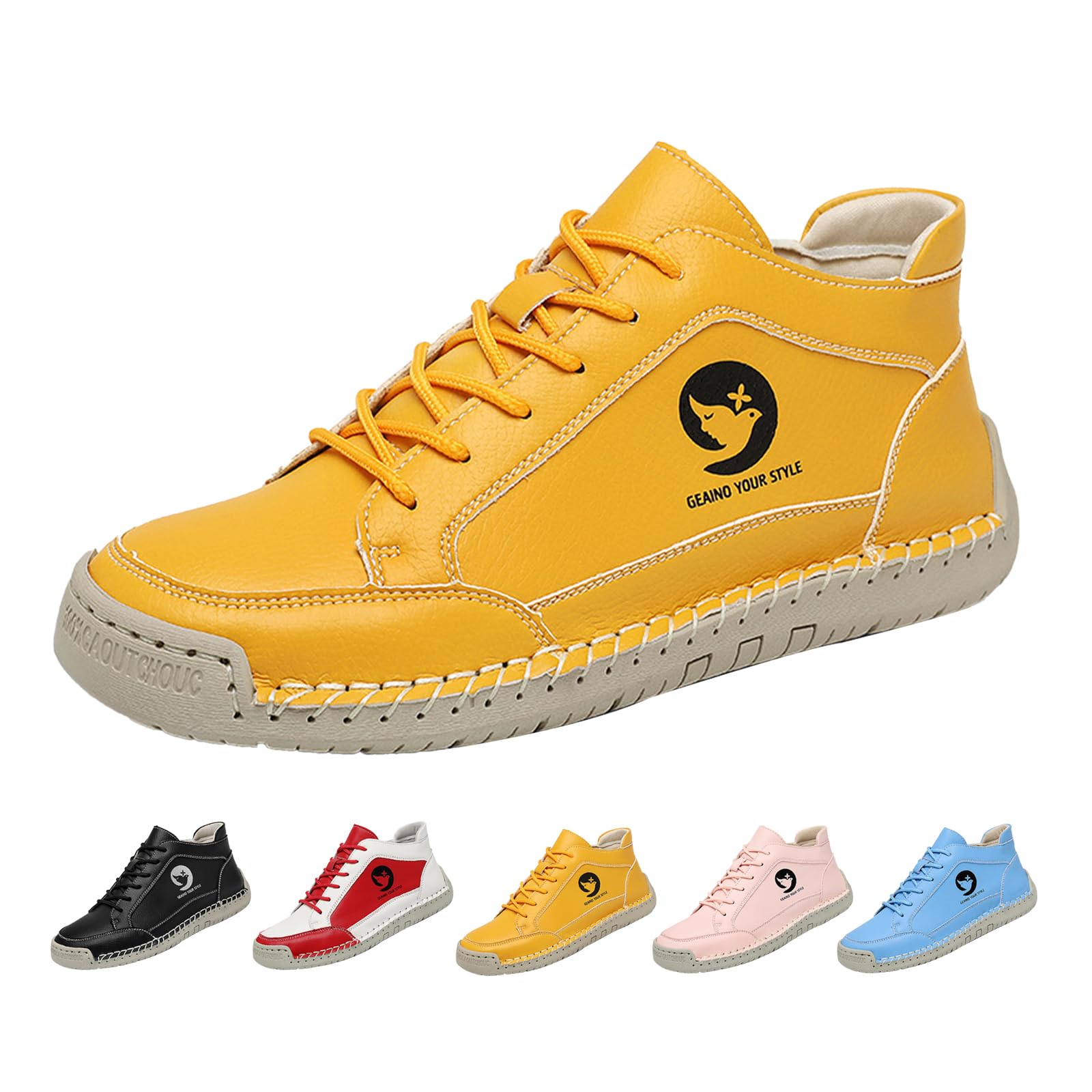 Womens Outdoor Casual Shoes Fashion Vintage Hand-Stitching Leather Mid Top Non-Slip Lace Up Travel Hiking Ankle Boots