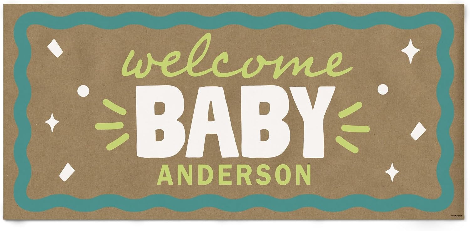 Big Dot of Happiness Light Green and Teal Wavy Personalized Welcome Baby Kraft Paper Banner, Retro Baby Shower Banner Backdrop, Custom Name Printed Brown Paper Party Sign Decoration – 1 Count