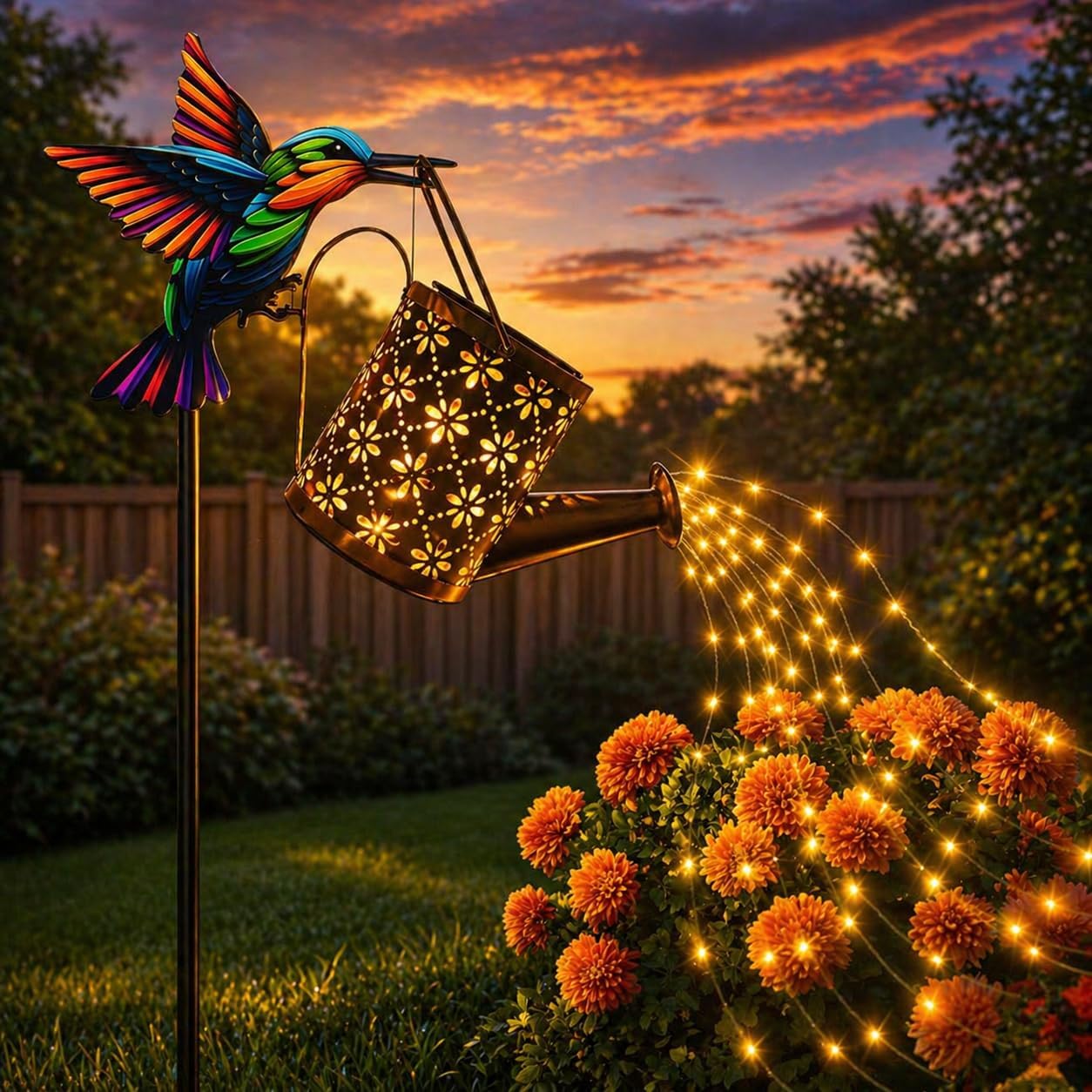 SSQPVEH Solar Watering Can Lights Outdoor, 30.7-Inch Metal Garden Stake Light with Hummingbird Hook, 36 LED Cascading Warm White Waterfall Light for Yard, Lawn, Patio, Garden Decor Gift for Mom