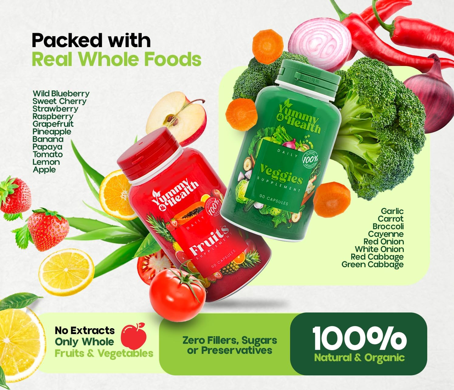 Yummy & Health Fruits & Veggies Capsules – 33+ Whole Superfoods from Fruits & Vegetables | 90 Fruit + 90 Veggie Capsules | Vegan, Non-GMO, Gluten-Free | Plant-Based Nutrients & Fiber