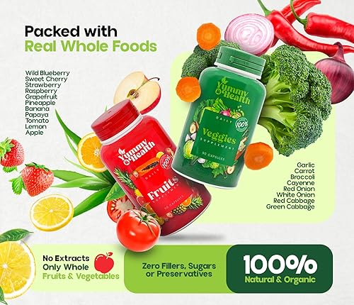 Miniatura 4 de YUMMY & HEALTH Suplemento de frutas y verduras, hecho con superalimentos, 90 cápsulas de frutas y 90 vegetales, fórmula de bienestar para apoyar el