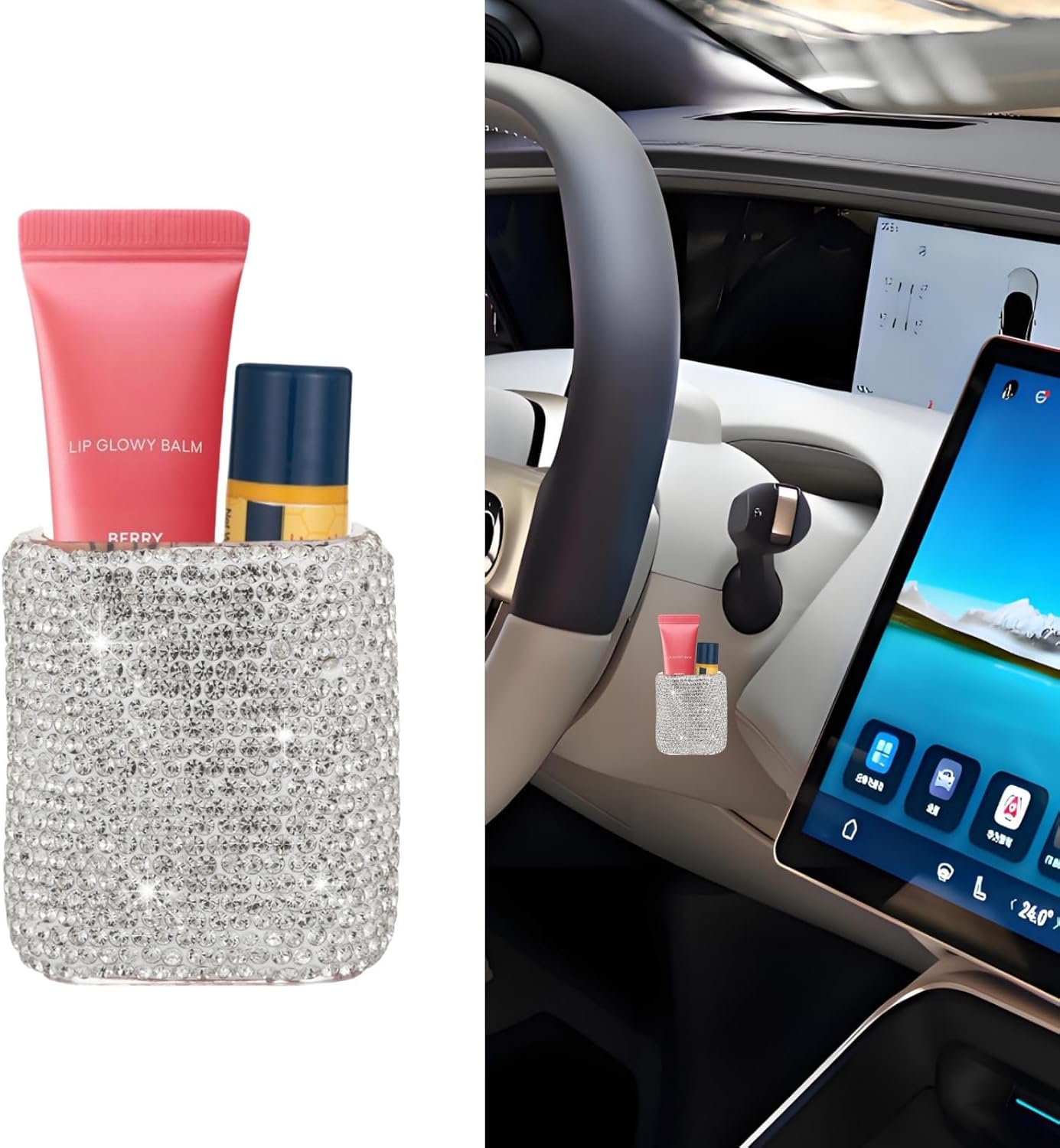 Bling Car Lip Balm Holder for Chapstick Lip Gloss Holder for Car Chap Stick Holder for Women(Silver)