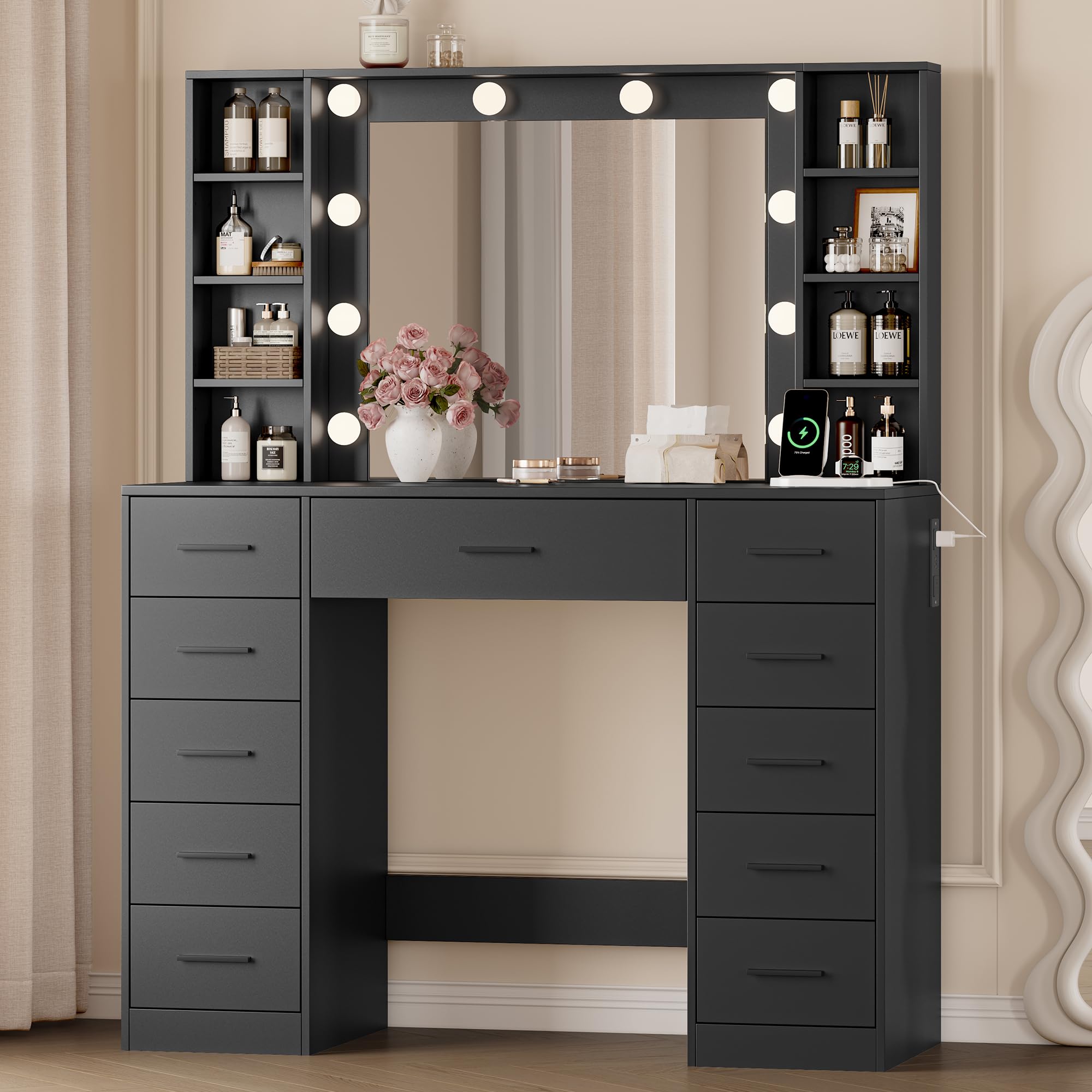 Wodeer Makeup Vanity with Drawers, 43" Black Vanity Desk with Mirror and Lights, 11 Drawers &amp; 4 Shelves, Power Outlet &amp; Adjustable LED Lights, Dressing Table for Women &amp; Girls Bedroom