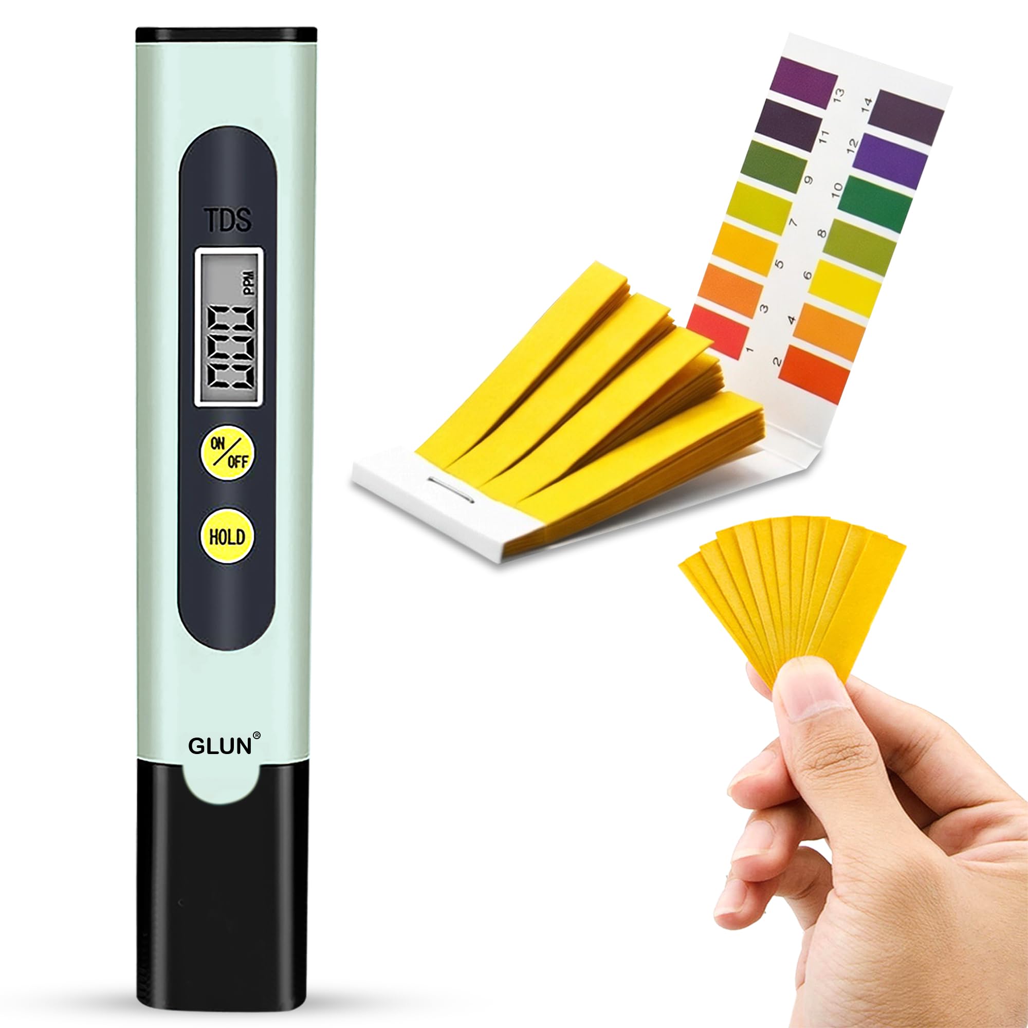 glun® combo pack ph test paper strips (80 strips) & digital tds water quality tester, 0-9990 ppm accurate reading device for drinking water, aquarium, ro, pool & home use, sage tint green colour