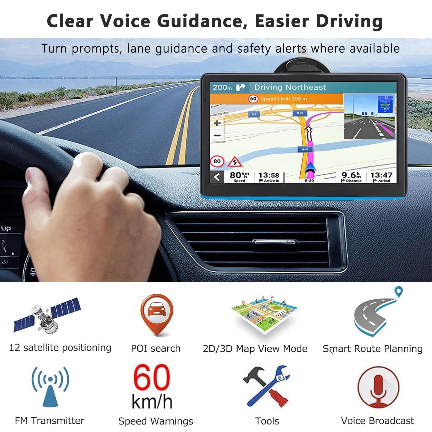 7" GPS Sat Nav for Truck Car RV, Offline Navigation UK & Europe Maps HD Touchscreen, Voice Guidance, Type-C, Sun Visor & Mount, Speed Limit Warnings, Postcode Search Quick GPS Fix — view 3