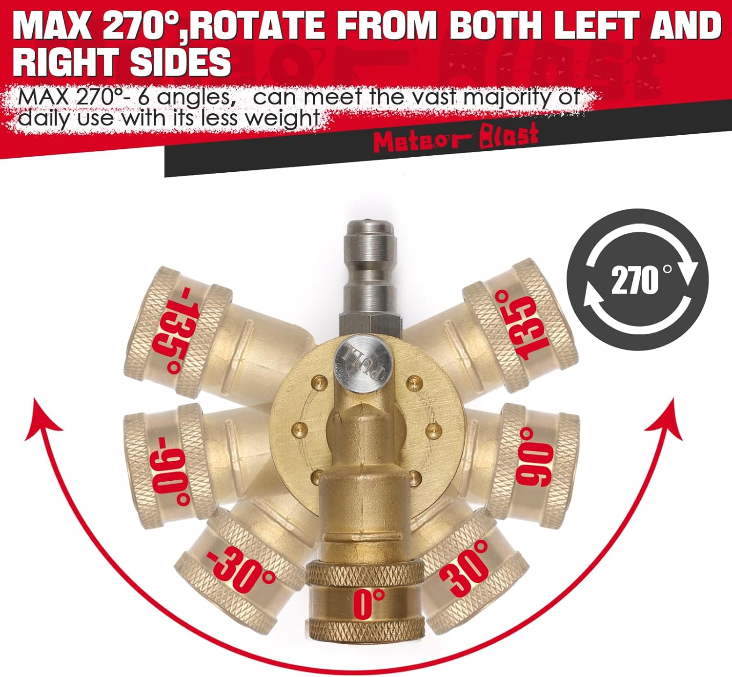 Meteor Blast Pivoting Coupler, 270 Degree with 7 Angles, heavy duty design and Stainless Steel Safety Lock for Pressure Washer Spray Nozzle, Clean Hard to Reach Area, 5000PSI, 1/4” Quick Connect