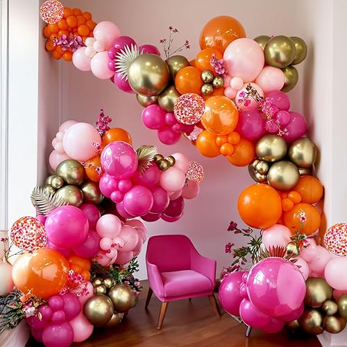 Miniatura 4 de Kit de guirnalda de globos de arco de globos de color rosa y naranja, globos de confeti dorado rosa intenso, globos magenta para verano tropical,