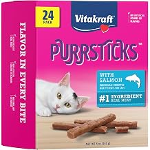 Vitakraft PurrSticks for Cats - Nutritious & Healthy Soft Cat Treats - Gently Oven Roasted Meat Sticks for Cats w/ 70% Meat - Easy-to-Serve Cat Chew Sticks Salmon, 24 Pack