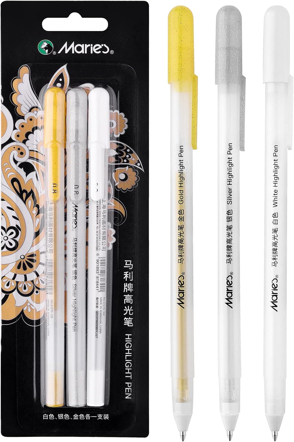 RVOGJP 3 Colors Gel Pen Set - White, Gold and Silver Gel Ink Pens for Black Paper Drawing, Sketching, Illustration, Card Making, Bullet Journaling, Pack of 3