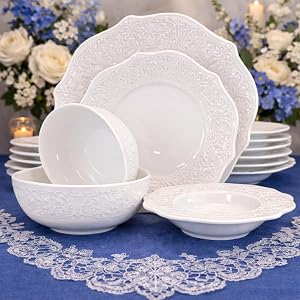 Tudor Royal 20-Piece Porcelain Round Dinnerware Set White Color, Service for 6 People, Whitehall Design, Plates Bowls Dishes, Unique Decorated with Embossed Designed and Scalloped Edges Pattern.