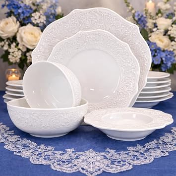 20-Piece Porcelain Dinnerware Set for 4,White Embossed | Includes 6 dinner & 6 salad, 6 desert plates 2 bowls,White Royal dishes, Dishwasher & Microwave safe Scalloped Edges