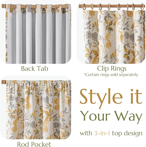 Miniatura 4 de jinchan Cortinas 100% opacas para dormitorio, cortinas de lino de 84 pulgadas de largo, estampado de hojas amarillas tropicales, tratamiento
