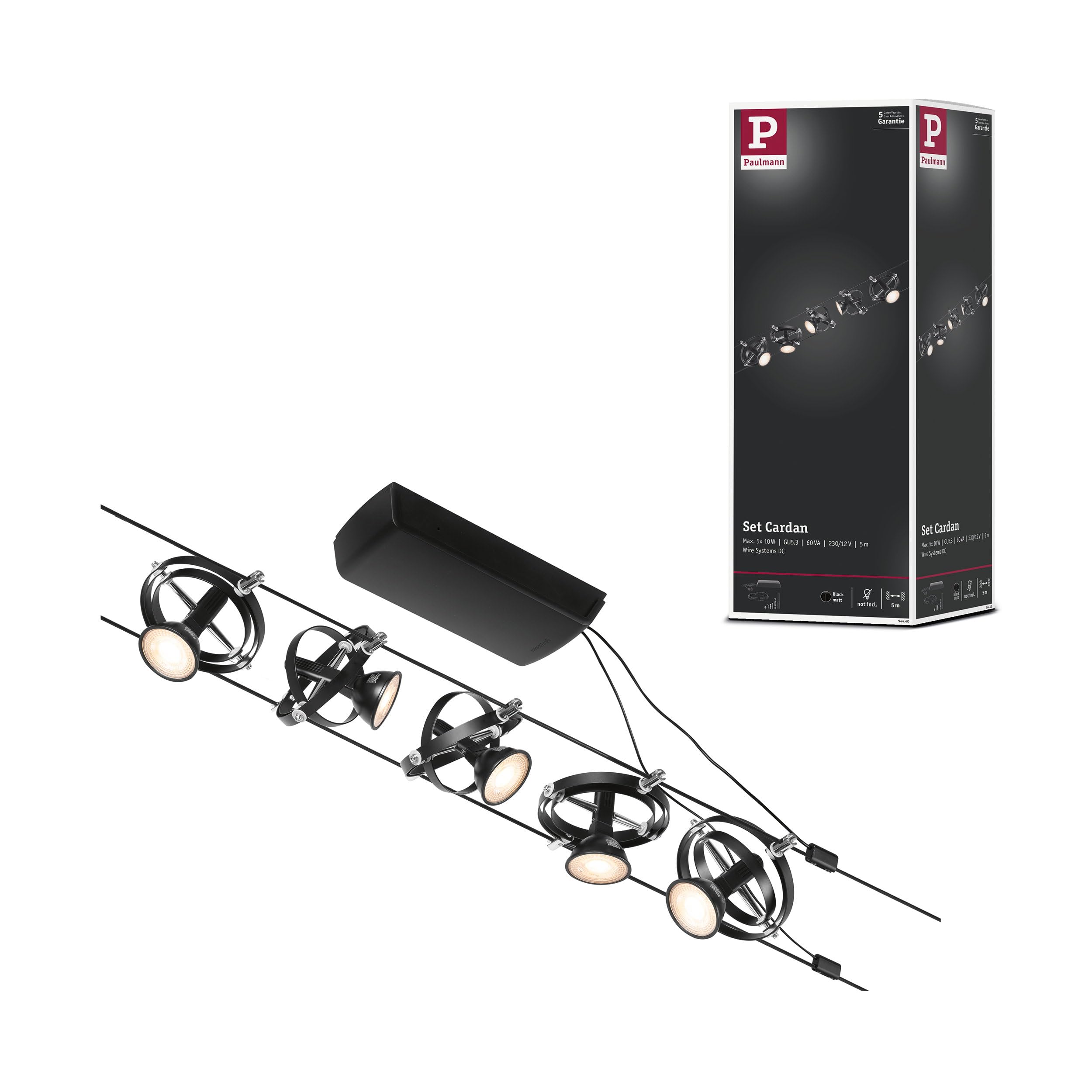 Paulmann 94440 Cardan DC - Sistema de luces LED (5 x 10 W, ampliable, cable de alambre de plástico, GU5,3), color negro mate