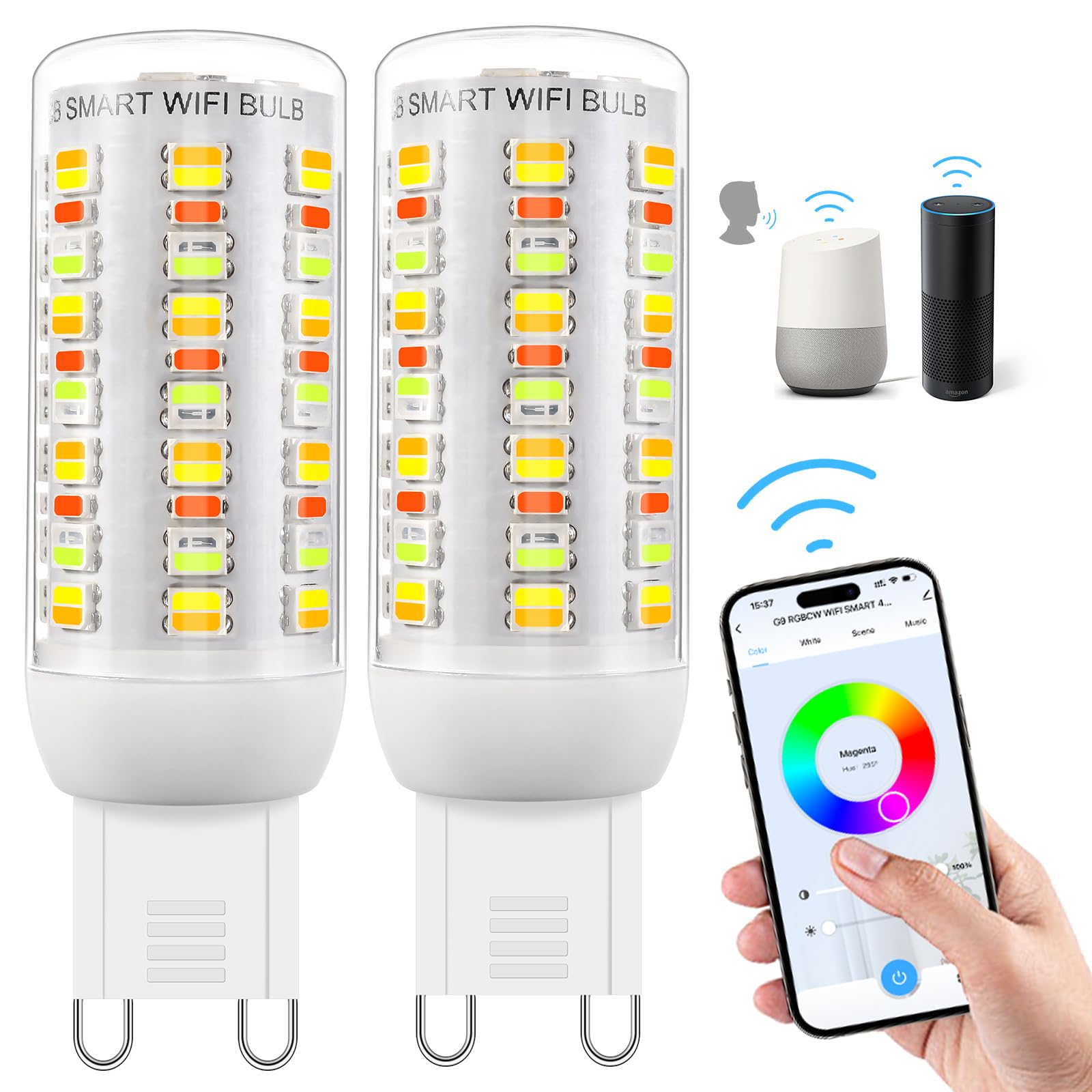 Wi-Fi RGBCW Smart G9 LED Lampen,Kompatibel mit Alexa /Google Home,AC 230V Mehrfarbrige dimmbare,2700K-6500K,Helligkeit einstellbar 1%-100%,4W,400LM,mit Musiksynchronisation LED Glühbirne,2er Pack