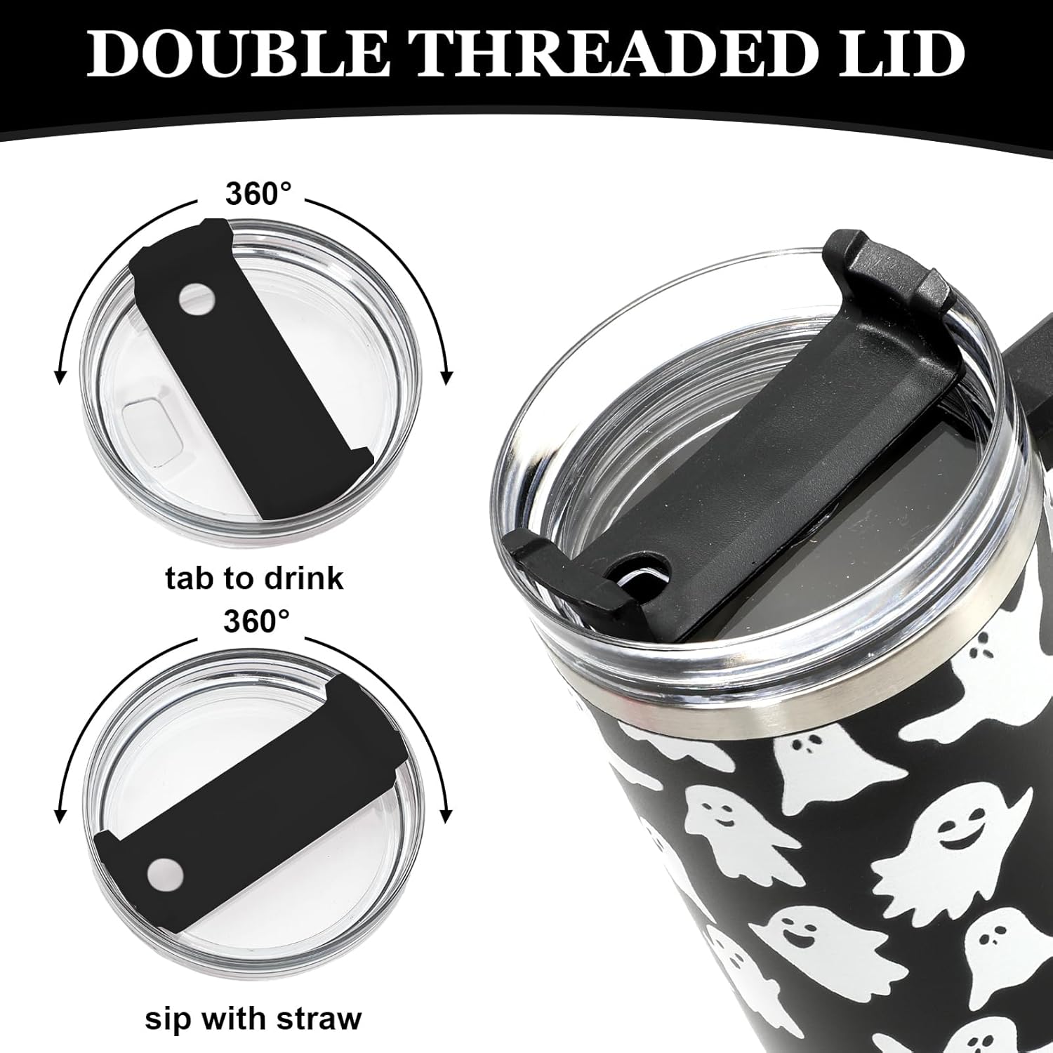 JarThenaAMCS Halloween Tumbler with Lid and Straw 40oz Black White Ghost Tumbler with Handle Cute Boo Stainless Steel Cup for Home Office Travel - Image 3