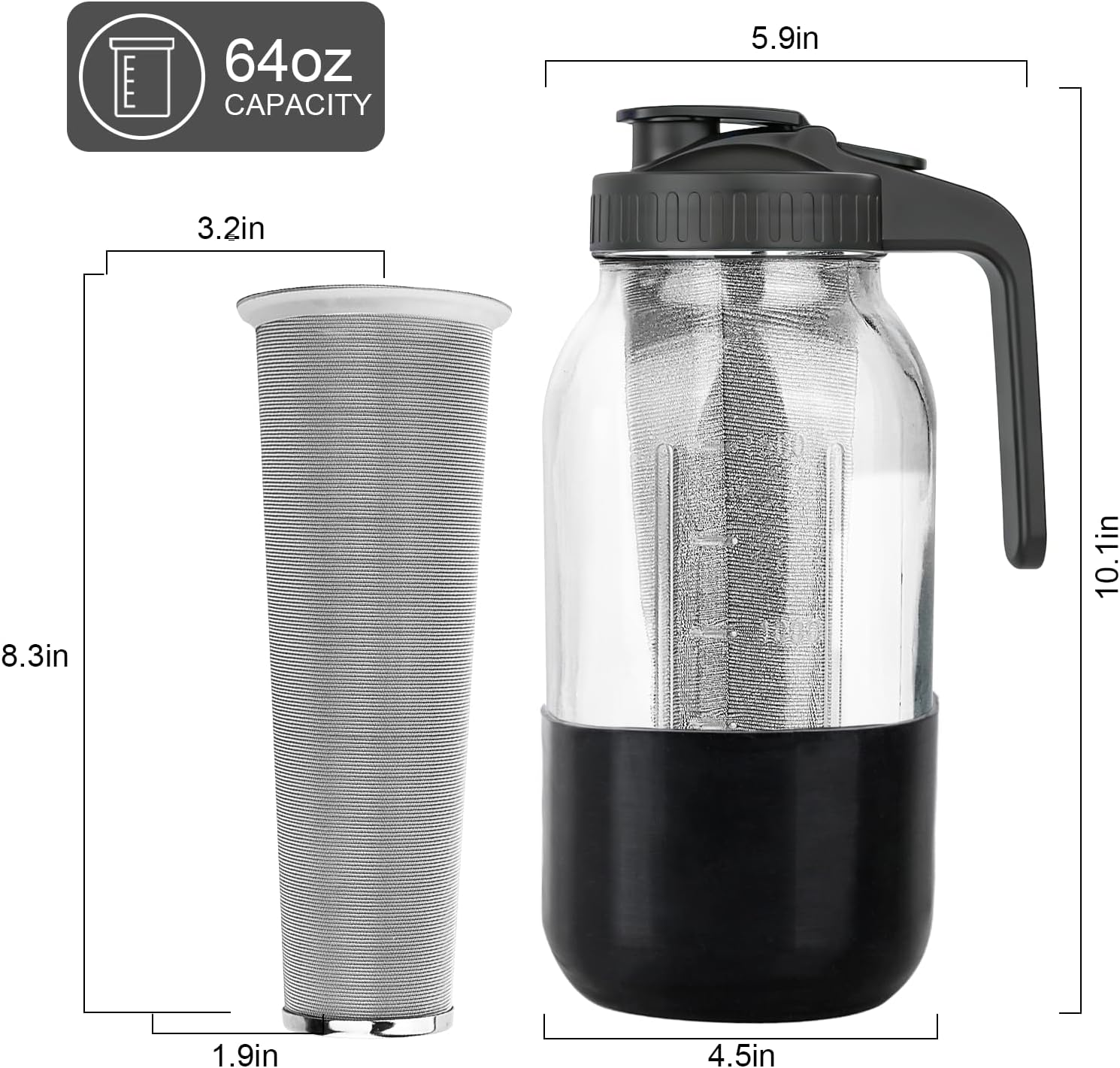 Cold Brew Coffee Maker, 64oz Mason Jar Pitcher with Stainless Steel Filter, Leak-Proof Lid with Pour Spout & Handle, Heavy Duty Glass Iced Coffee Tea Brewer with Protective Silicone Sleeve-Black