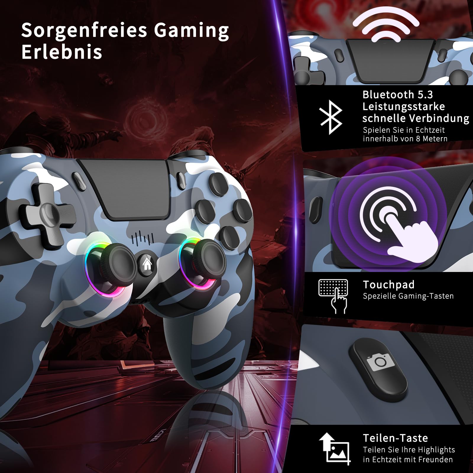 ancihdgm Manette sans fil pour PS4, manette compatible avec PlayStation 4/Pro/Slim/PC/P3/Android/IOS, la manette PS4 est équipée d'une double vibration/gyroscope à 6 axes/lumière RVB/1000 mAh