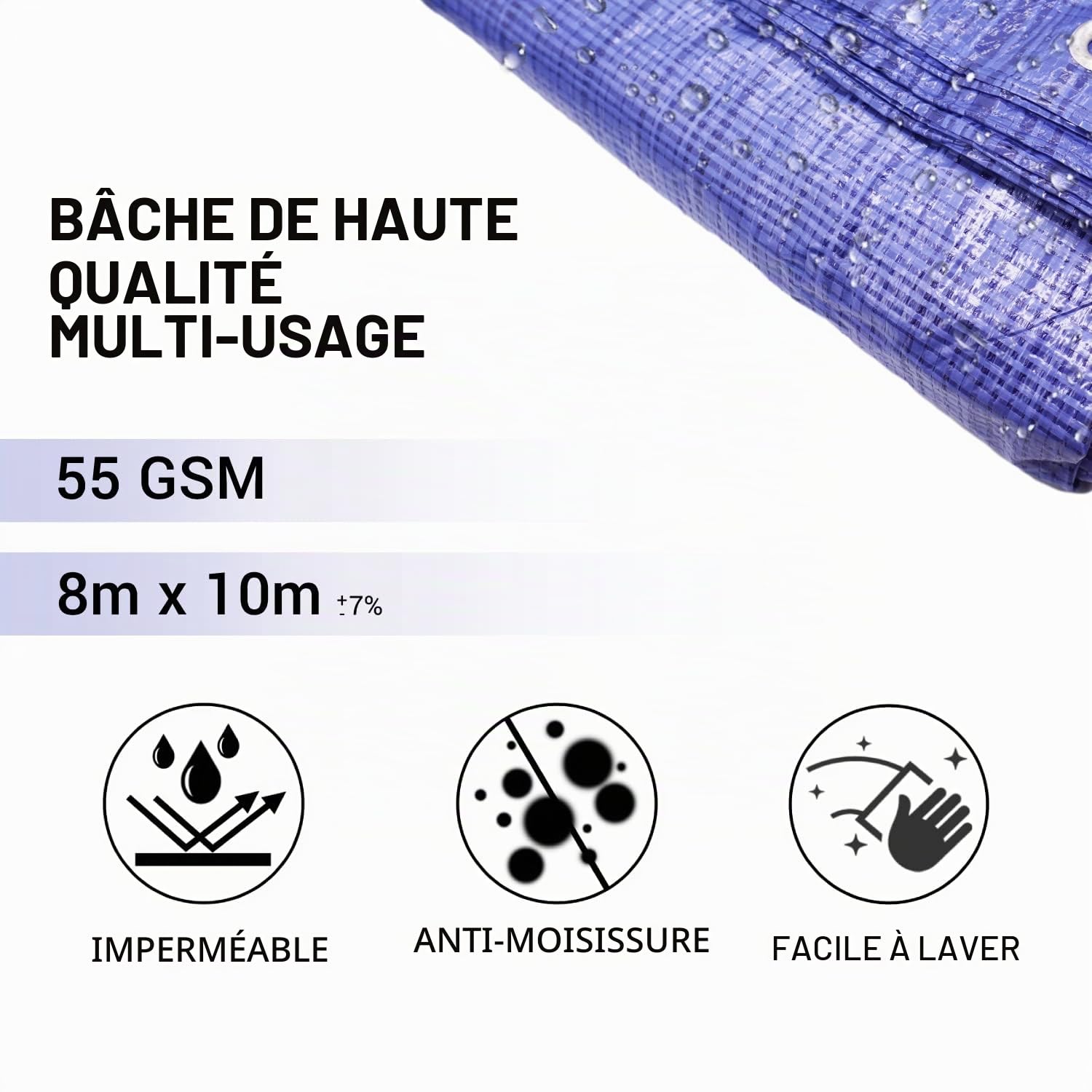 Bâche Imperméable 8 x 10 m Bleu 55 g/m² Avec Anneaux en Métal - Protection Multifonction pour Voiture (1 Pièce)