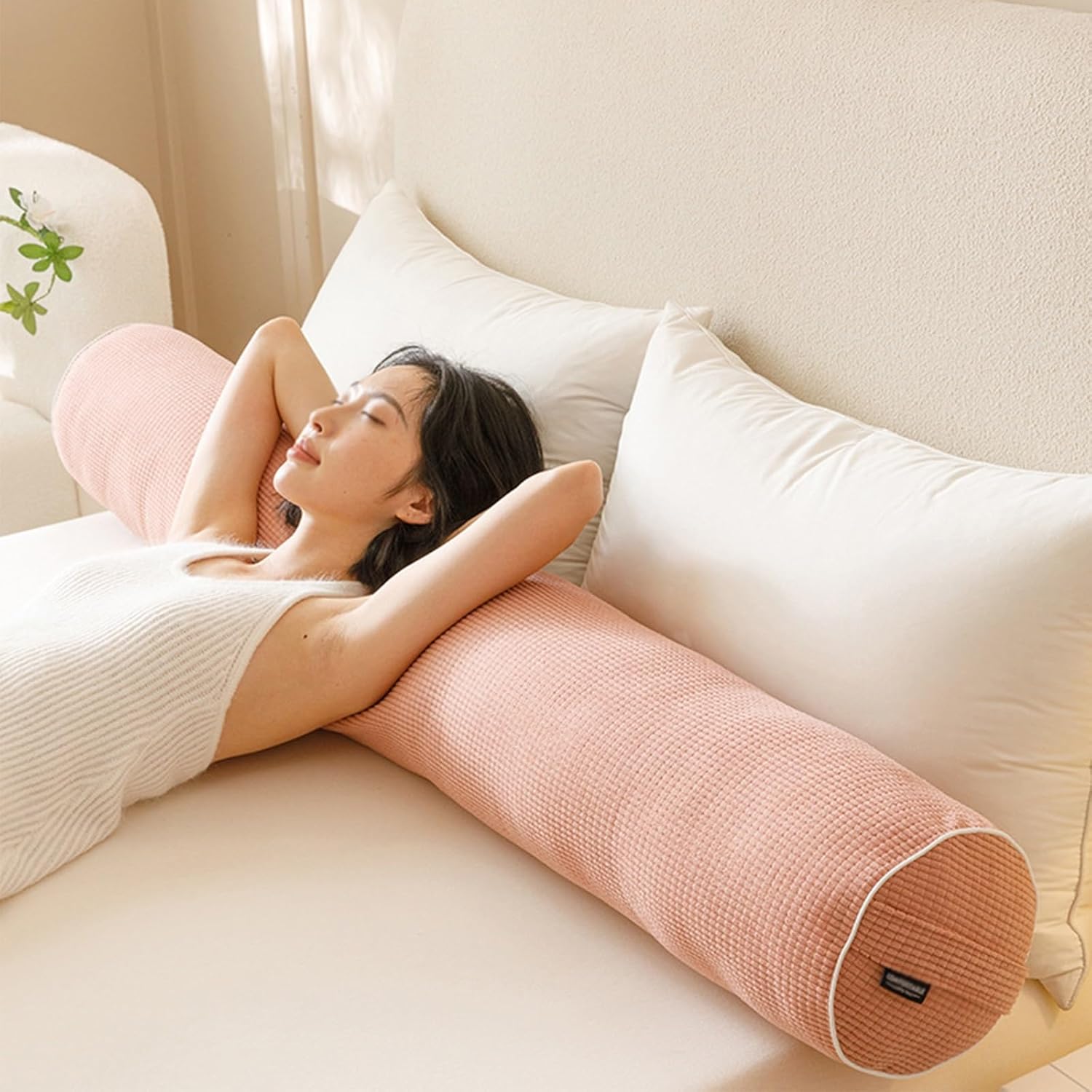 Body Pillow for Queen Bed, Long Round Body Pillow for Adults, Headboard Gap Filler Pillow, Long Bolster Cervical Cylinder Pillow with Removable Cover(Pink,47inch)