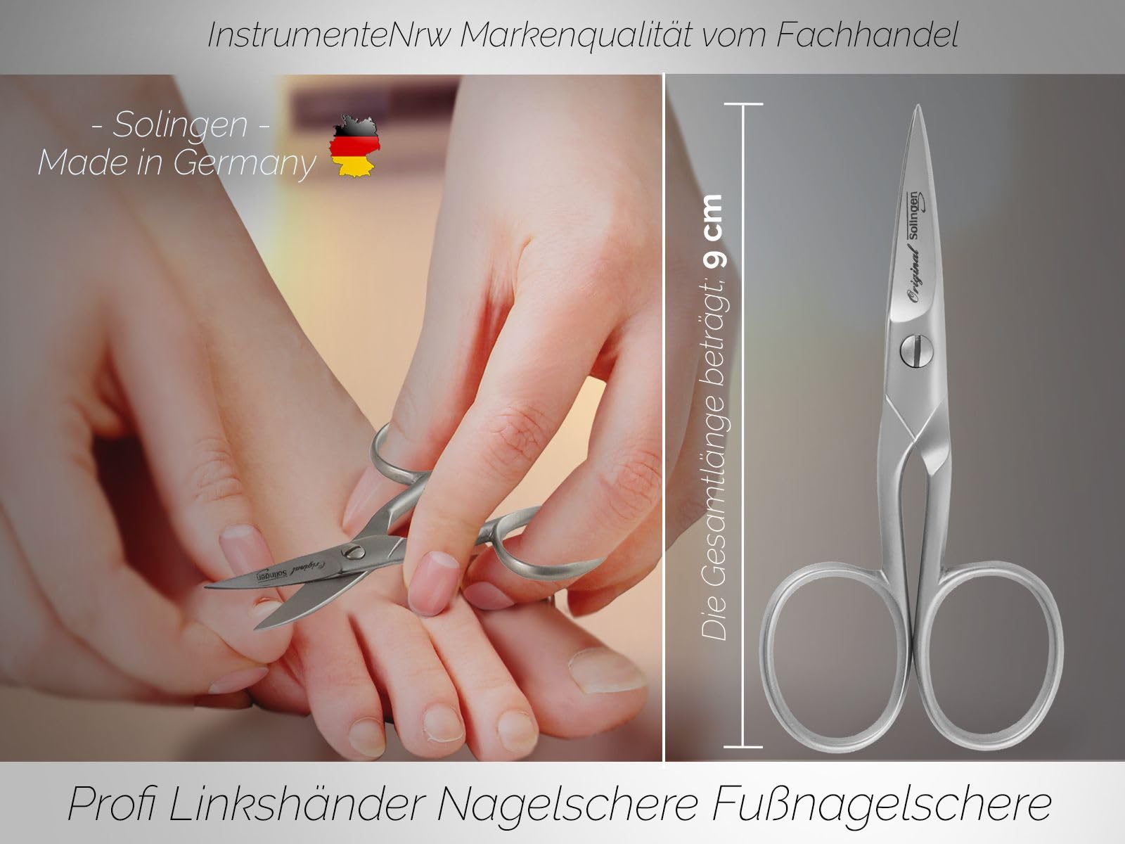 Linkshänder Nagelschere aus Solingen mit einseitiger Mikroverzahnung Made in Germany aus Rostfreiem Edelstahl Maniküre Pediküre Fußnagelschere zum Schneiden von Finger- und Fußnägeln 9 cm