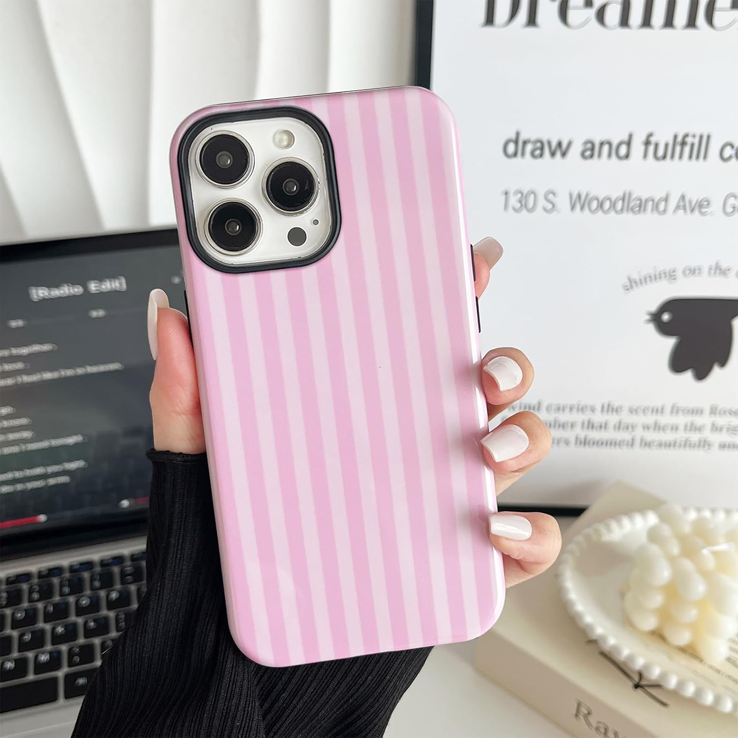 Compatible with iPhone 13 Pro Max Case, Cute Fashion Aesthetic Striped Pattern Cover for Women, Shockproof Soft TPU and Hard PC Protective Phone Case for iPhone 13 Pro Max 6.7"- Pink - Image 3