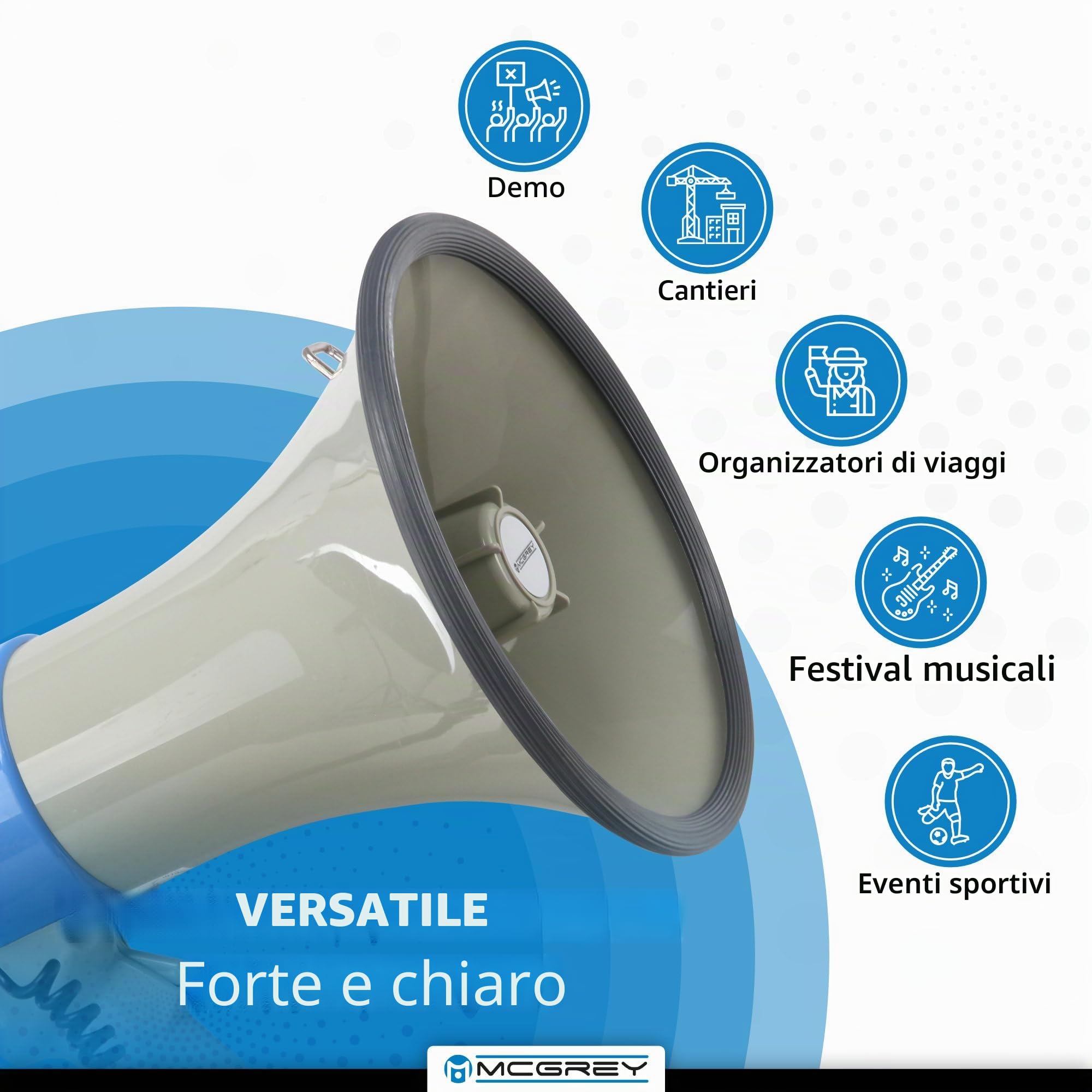 McGrey MP-800HRS megafono portatile 25W RMS/80W MAX, portata 1000m, microfono, sirena, fischietto, registrazione, lettore USB/SD/AUX-MP3, batteria, grigio/blu.