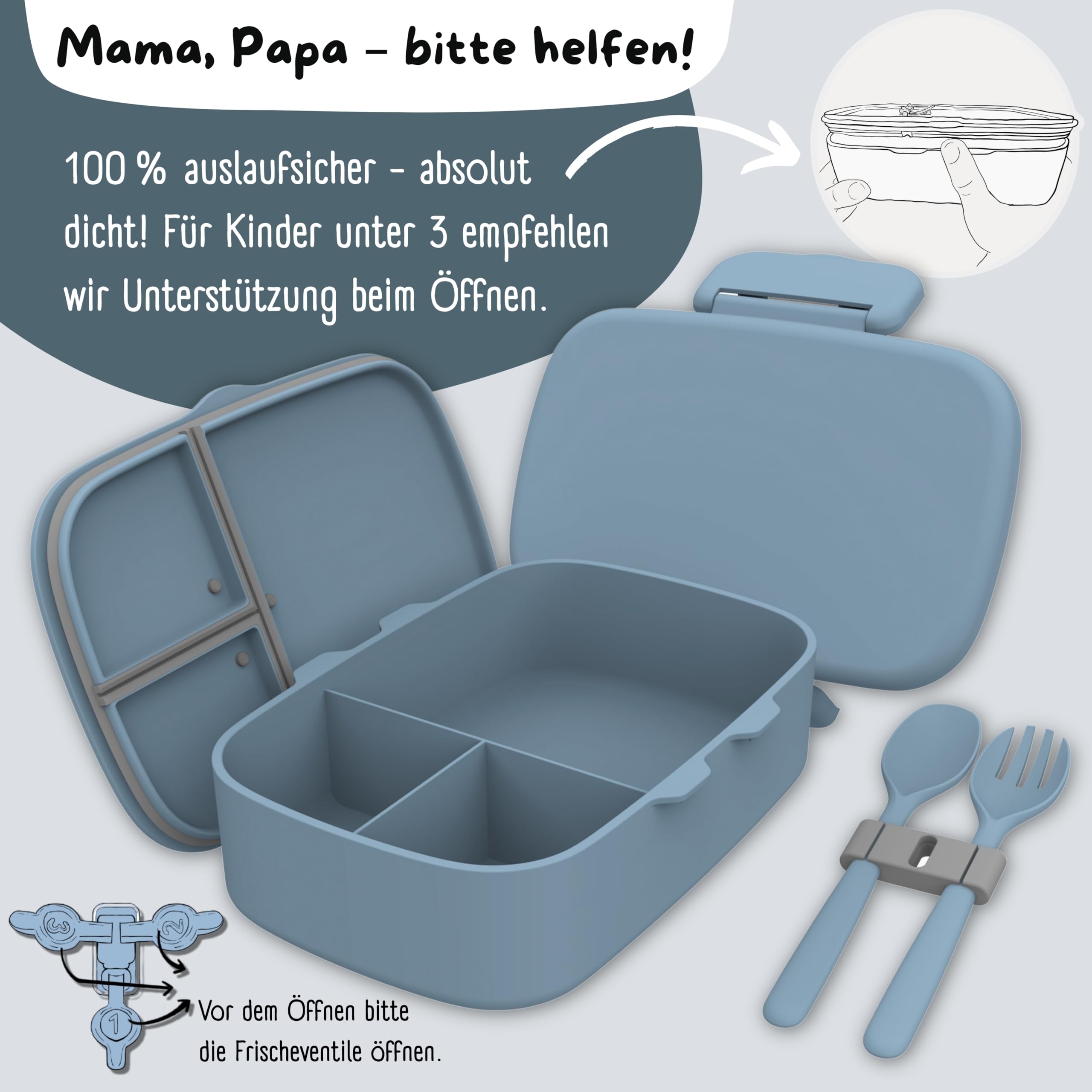 BEARFOOT Brotdose Kinder mit Fächern, auslaufsichere Box (Blau) | BPA-frei, 100% auslaufsicher, Bento Box mit Trennfächern, für Schule & Kindergarten, Mädchen & Jungen