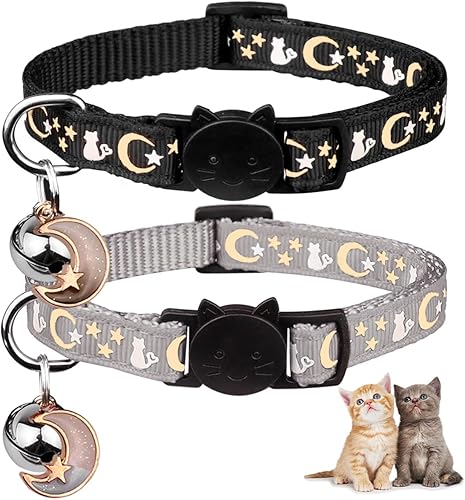 Miniatura 1 de 2 collares de gato con campana, ajustables que brillan en la oscuridad (gris y negro)
