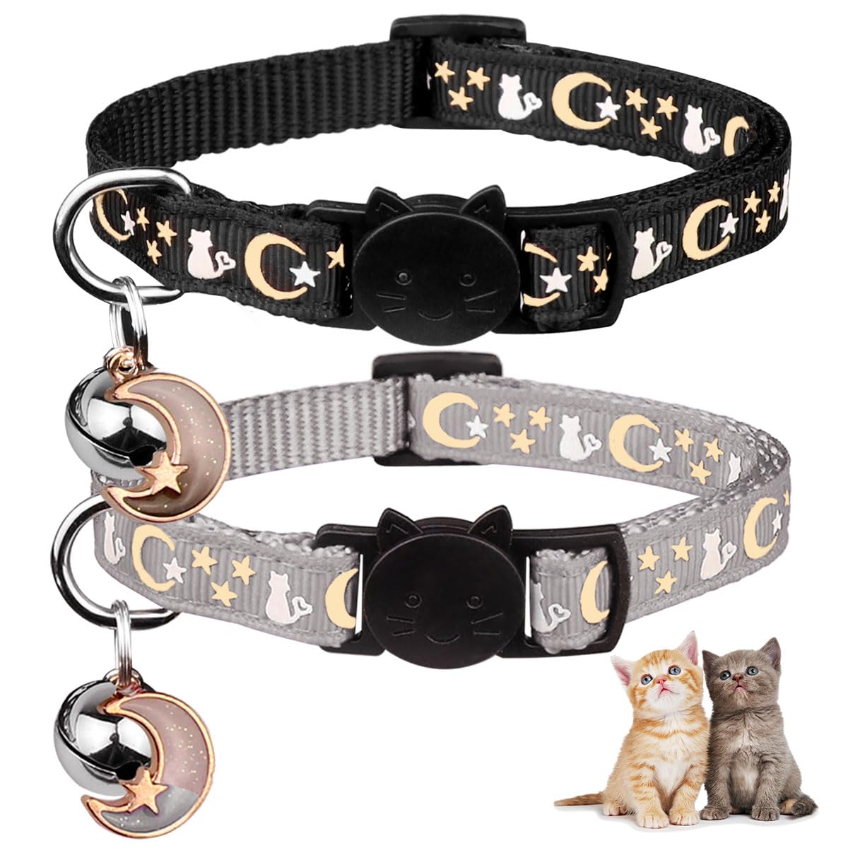 Baeuppit 2PCS Breakaway Cat Collars with Bell Cute Kitty Glow in The Dark Adjustable Kitten Collars(Grey&Black)