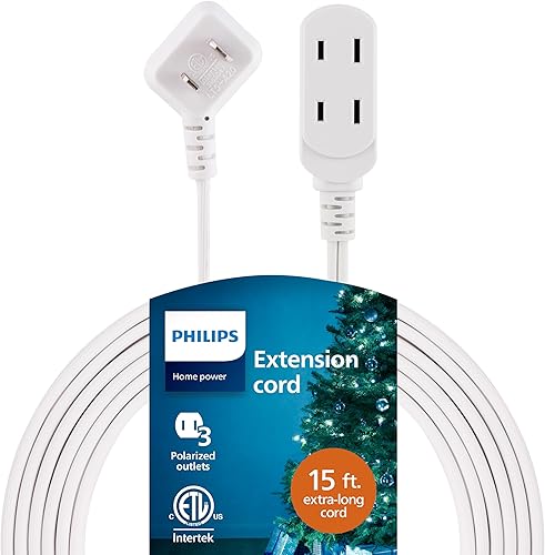 Philips Tira de alimentación para cable de extensión para interiores de 15 pies, enchufe plano con múltiples tomas, 2 puntas, blanco, listado ETL,