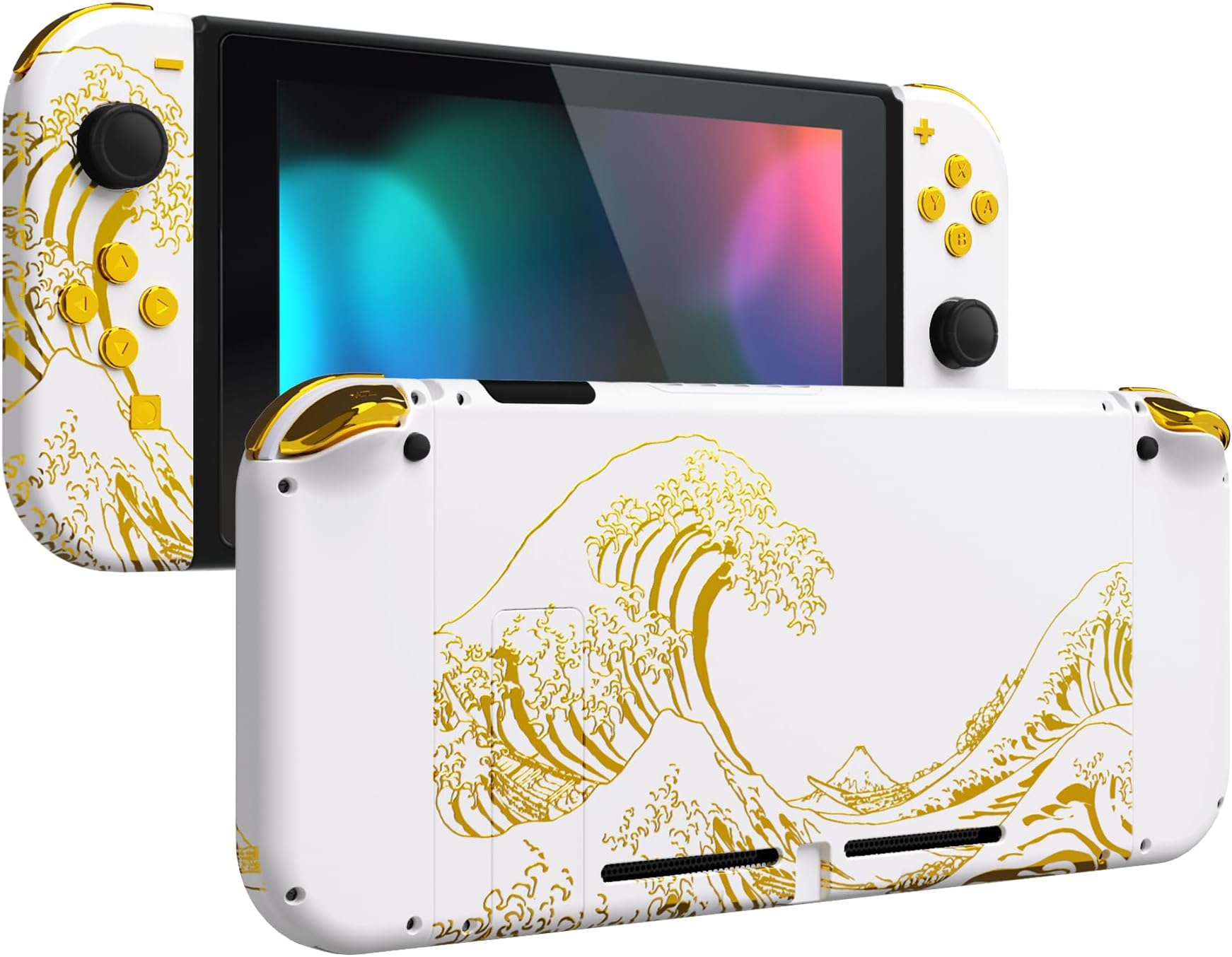eXtremeRate Back Plate for Nintendo Switch Console, NS Joycon Handheld Controller Housing Shells with Full Set Buttons, DIY Shell for Nintendo Switch - The Great GOLDEN Wave Off Kanagawa - White