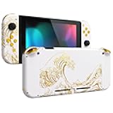 eXtremeRate DIY Replacement Shell Buttons for Nintendo Switch, Back Plate for Switch Console, Housing with Full Set Buttons for Joycon Handheld Controller - The Great Golden Wave Off Kanagawa - White