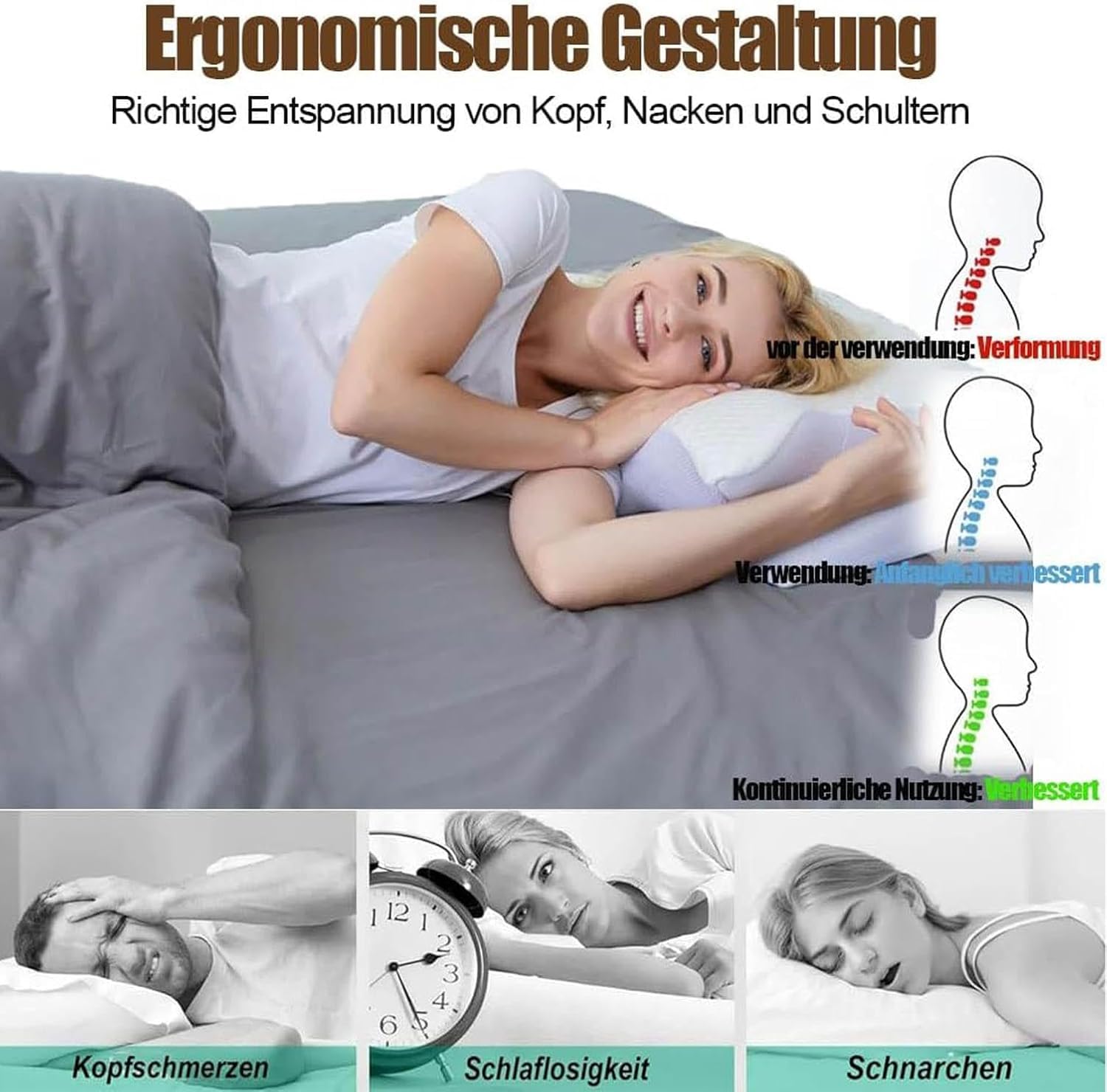 Generisch Pillow Daddy poduszka na kark - poduszka terapeutyczna przeciw chrapaniu, ergonomiczna poduszka z pianki z pamięcią kształtu – poduszka podpierająca kark dla osób śpiących na boku, plecach i