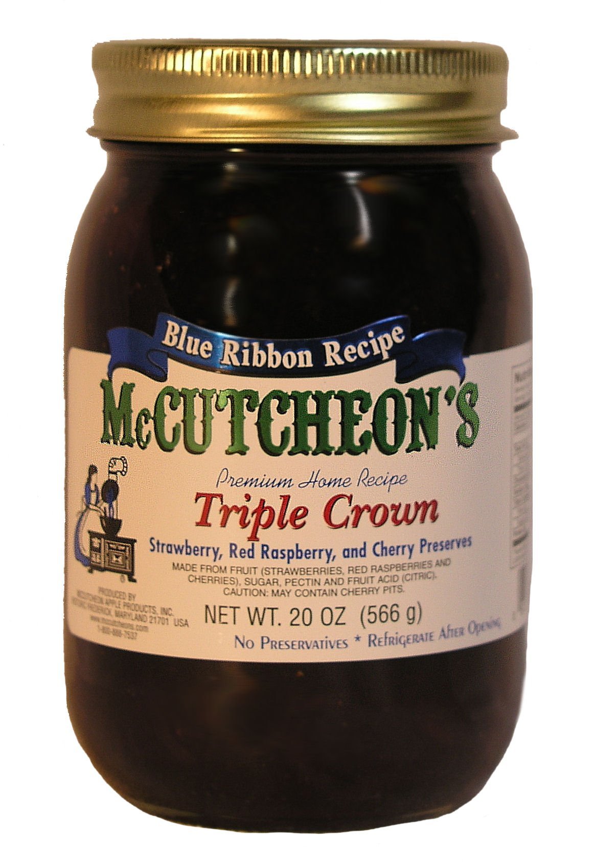 McCutcheon Triple Crown Preserves Premium Home Recipe; A Combination of Strawberry, Red Raspberry, and Cherry Preserves; All-Natural Ingredients; No Preservatives; Made in the USA; 20 ounces