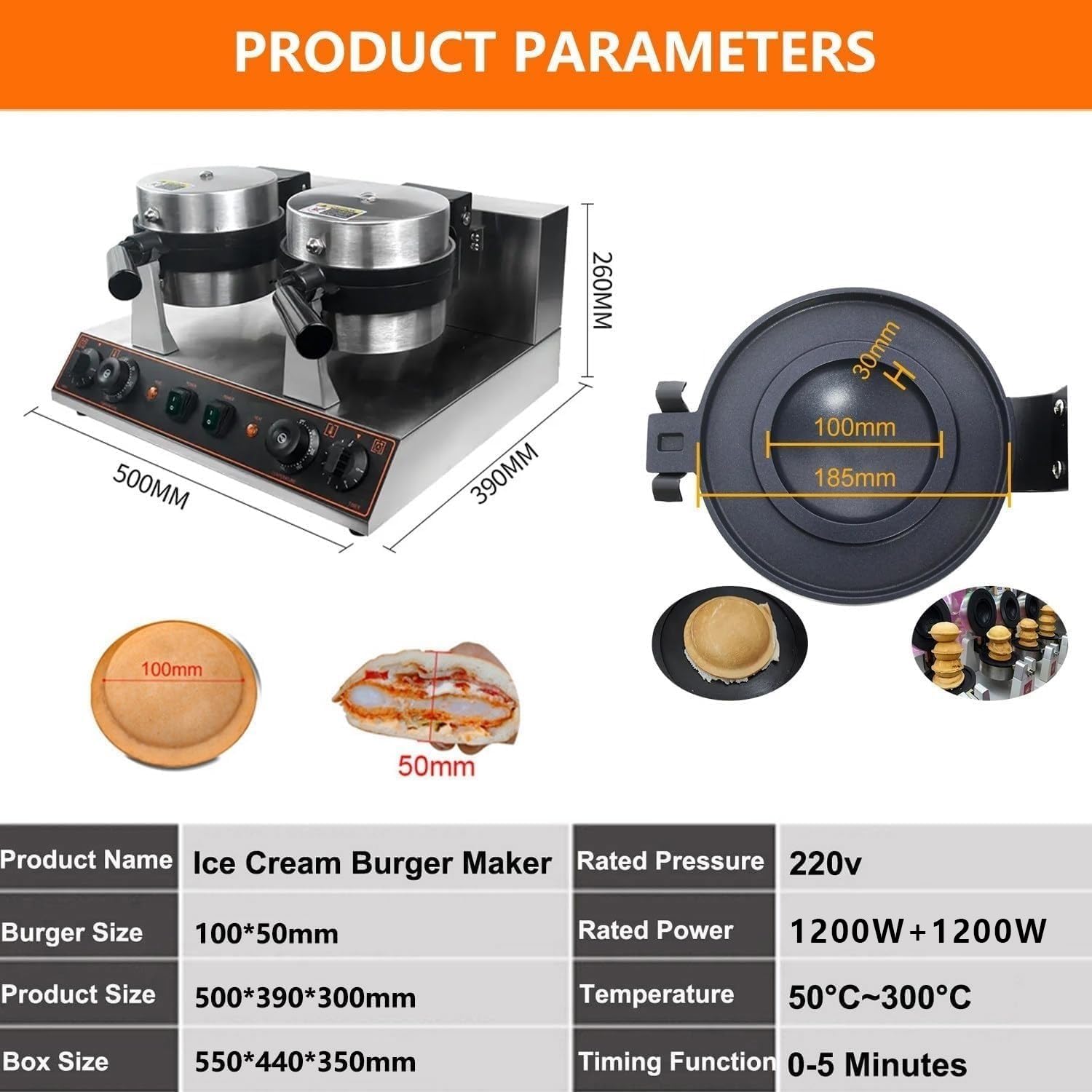 Burgermaker Elettrico – Ufo Pressa per Hamburger 1200 W + 1200 W Antiaderente Macchina per Hamburger 50 – 300 °c, Regolazione Della Temperatura 0 – 5 Minuti, Per Uso Domestico E Commerciale