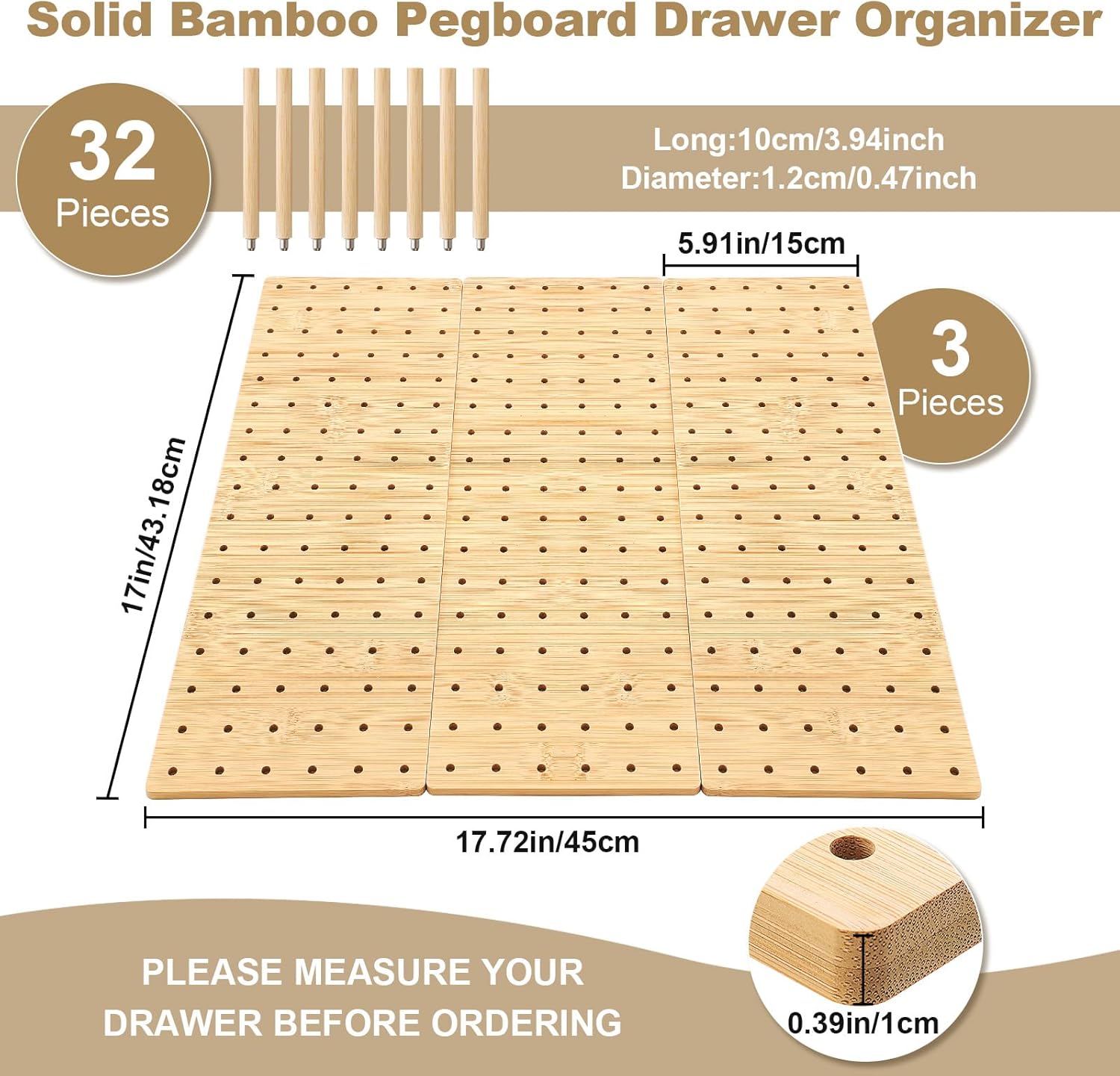 Kigley 3 Pcs Bamboo Wood Pegboard Drawer Organizer with 32 Pegs Wooden Peg Board Drawer Shelf Organizer Adjustable Peg System for Dishes Plate Pot Container Cookware Utensil Kitchen