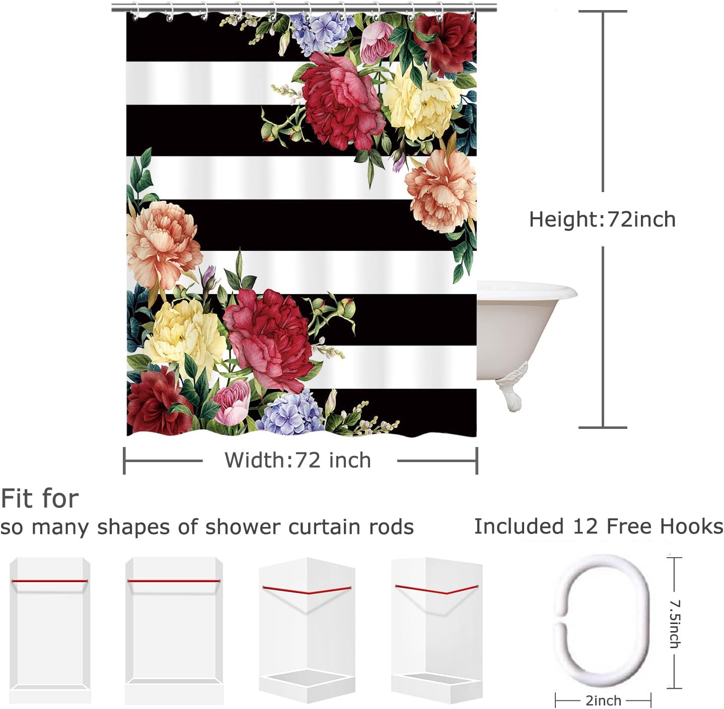 LIVILAN Black White Stripe Peony Shower Curtains with 12 Hooks, Floral Shower Curtain, Waterproof Fabric Bath Curtain, Home Bathroom Decoration, 72" W x 72" H
