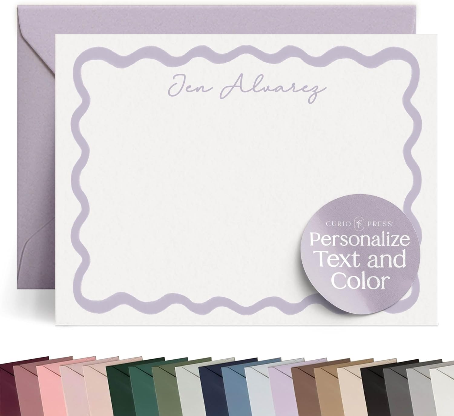 Personalized Stationery for Women, Scallop Wavy Border Flat Custom Note Cards with Name, Modern Personalized Note Cards with Envelopes For Women, Girls & Teens Custom Card Stationary Set - Wavy Flat