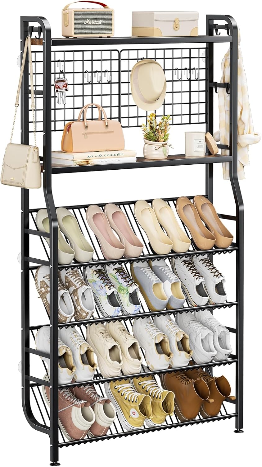 4-Tier Shoe Organizer with 14 Storage Hooks, Large Capacity Shoe Shelf Holds 15 Pairs, Metal Hall Tree with Shoe Storage, Space Saving for Entryway Hallway Mudroom