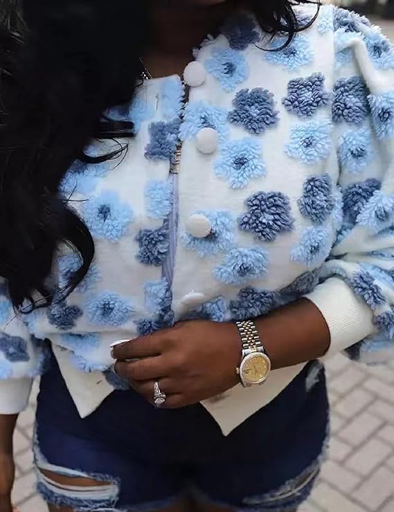 Womens Cropped Floral Print Jacket Warm Fleece Bomber Jacket Casual Button Down Coats Fall Puff Outerwears