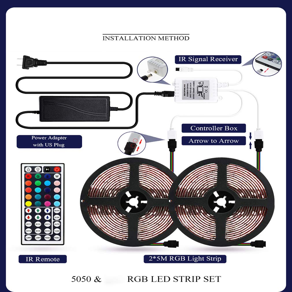 Tira Led Rgb 5M, Luces Led Smart 5050 Control APP Habitacion Con Controlador Wifi Sincronizar Música 44 Teclas Control Remoto RF Luz De Ambiente Para El Hogar Dormitorio Habitación TV Fiesta ,10m/33ft