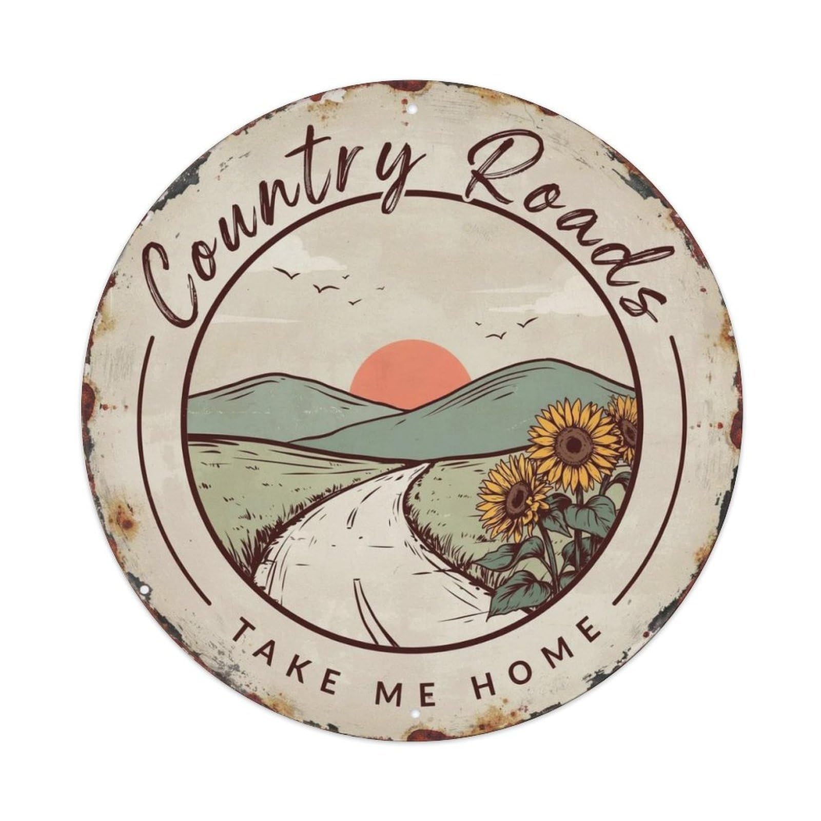 Country Roads Country Hand Drawn Metal Tin Sign Plaque