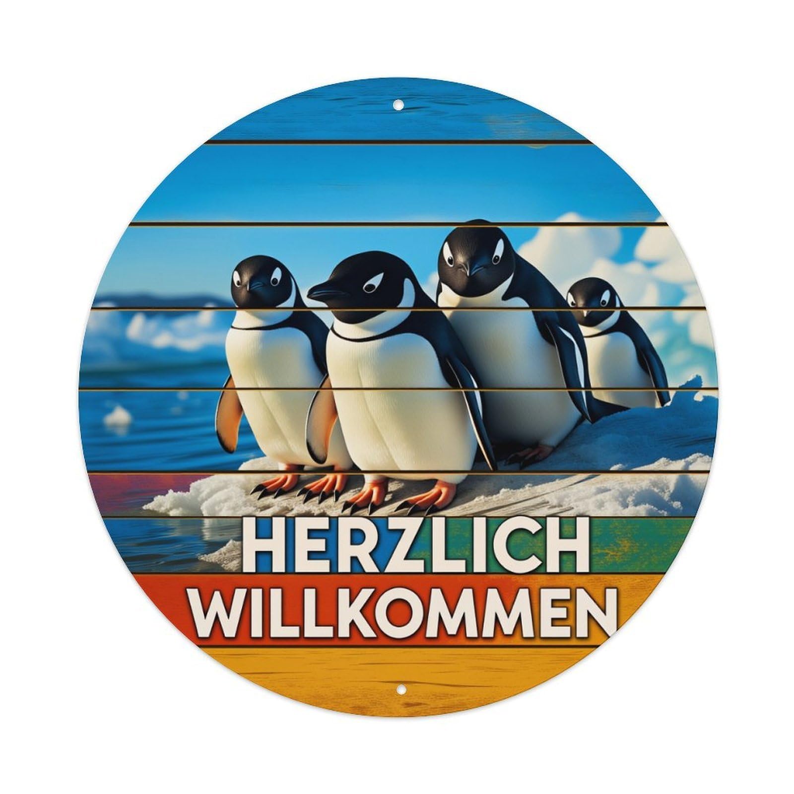 Penguins On Ice With Welcome Text Round Vintage Tin Sign,Retro Wall Art,Metal Poster for Home, Bar, Garage, Cafe, Rustic Indoor & Outdoor Decor, 8x8 Inches