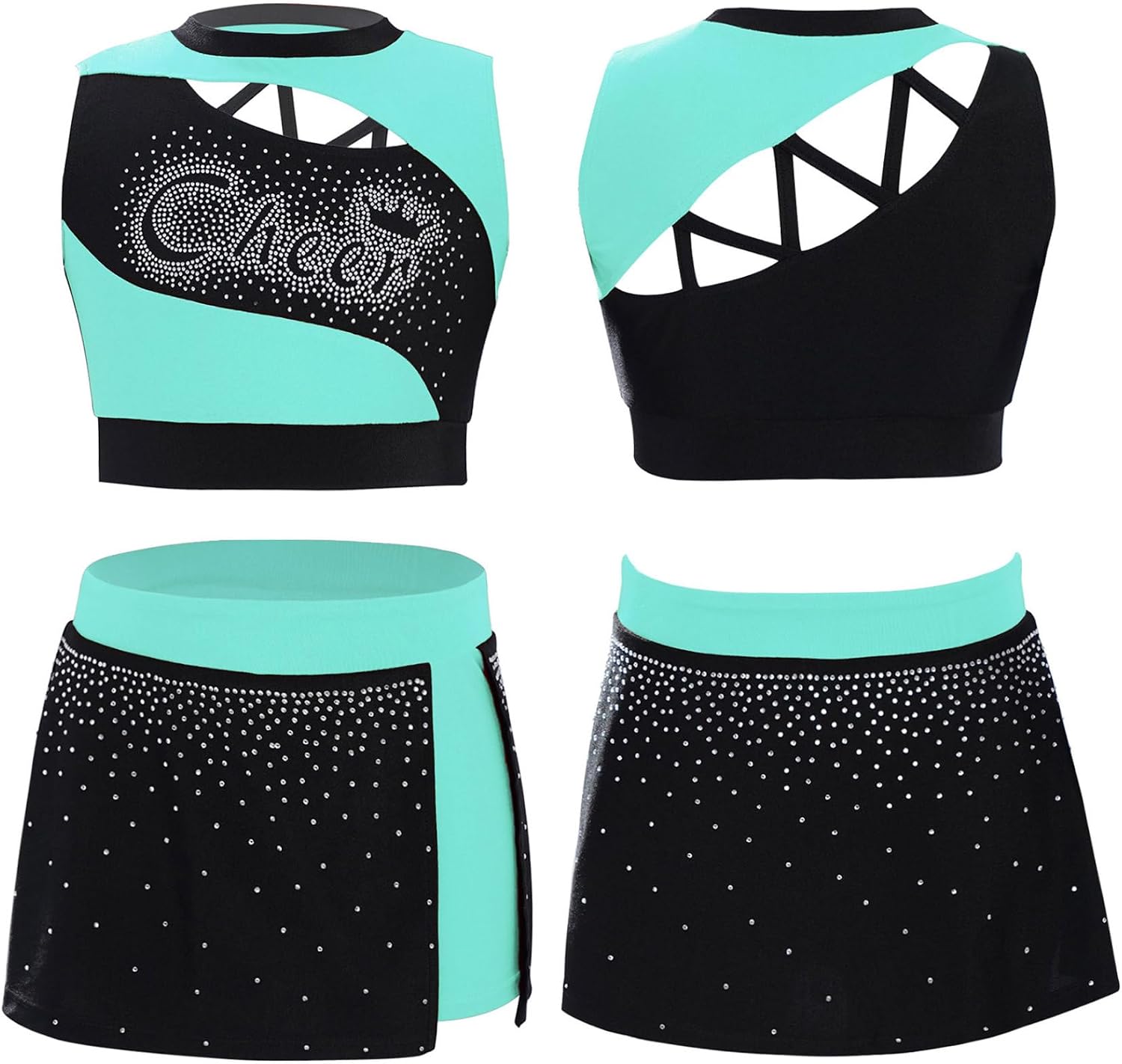 Linjinx Kids Girls Cheerleading Uniform Outfits Shiny Rhinestone Crop Top and Mini Skirt Set Halloween Cosplay Gifts