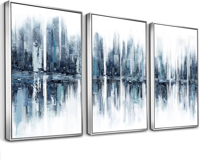 Abstract Wall Art for Living Room - Textured Blue City Skyline Canvas Wall Painting for Modern Living Room, Bedroom Decor, Framed, 16" x 24" x 3panel