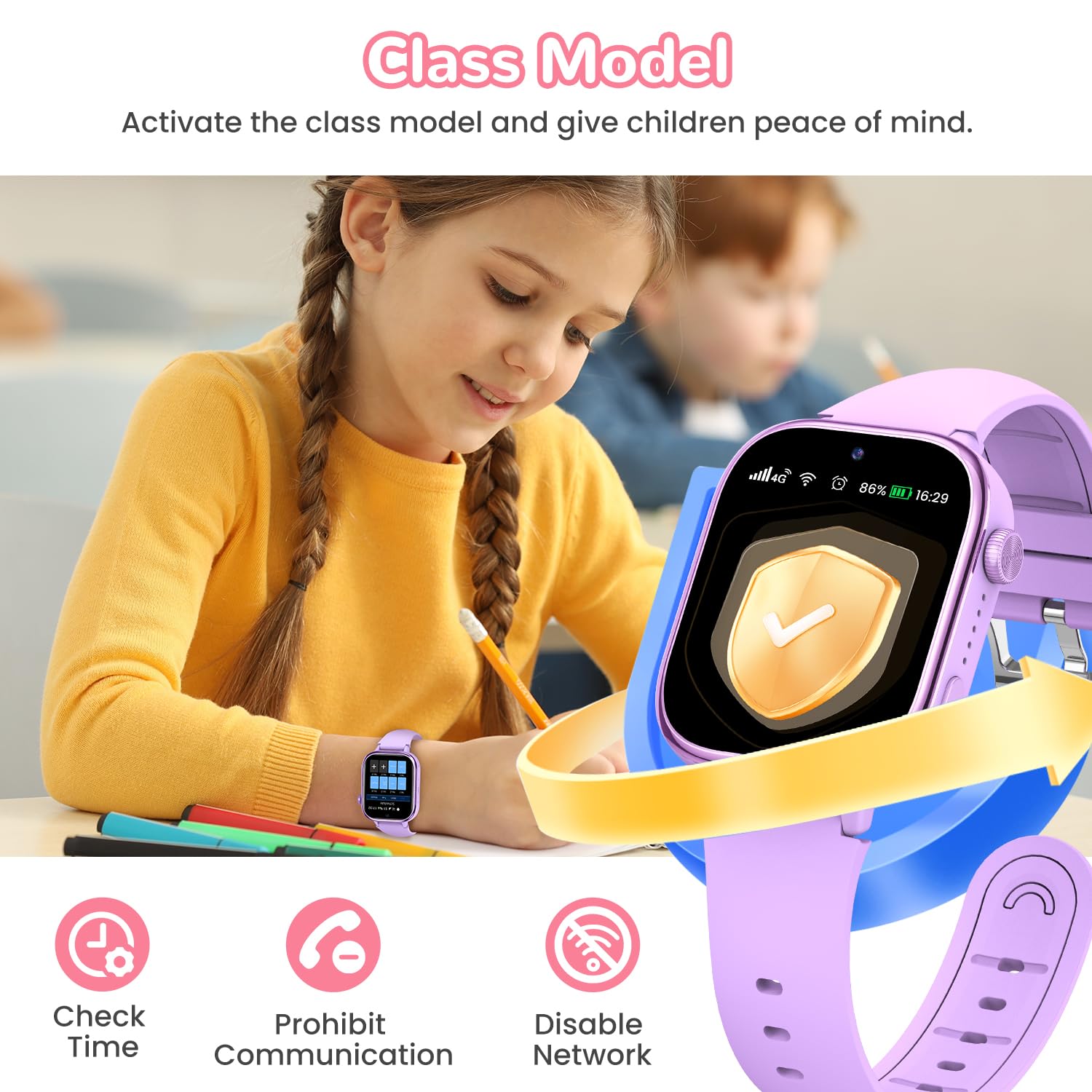Minilandia 4G Smartwatch Bambini, Orologio Telefono Bambini con Videochiamate/GPS/SOS/Chat Vocale, Modalità Scuola, Sveglia, Contapassi, IP68 Impermeabile Smart Watch per Ragazzi Ragazze, Regalo Viola