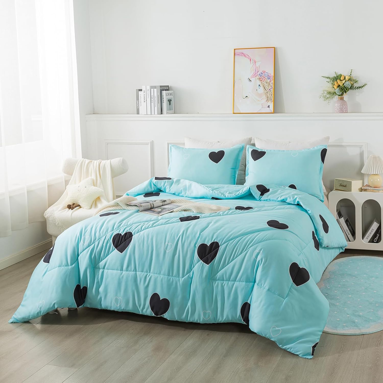 Caressma Comforter Set Twin Size - Light Blue Cute Heart Print Comforter Bedding Set, Soft Microfiber Comforter Set with Pillowsham