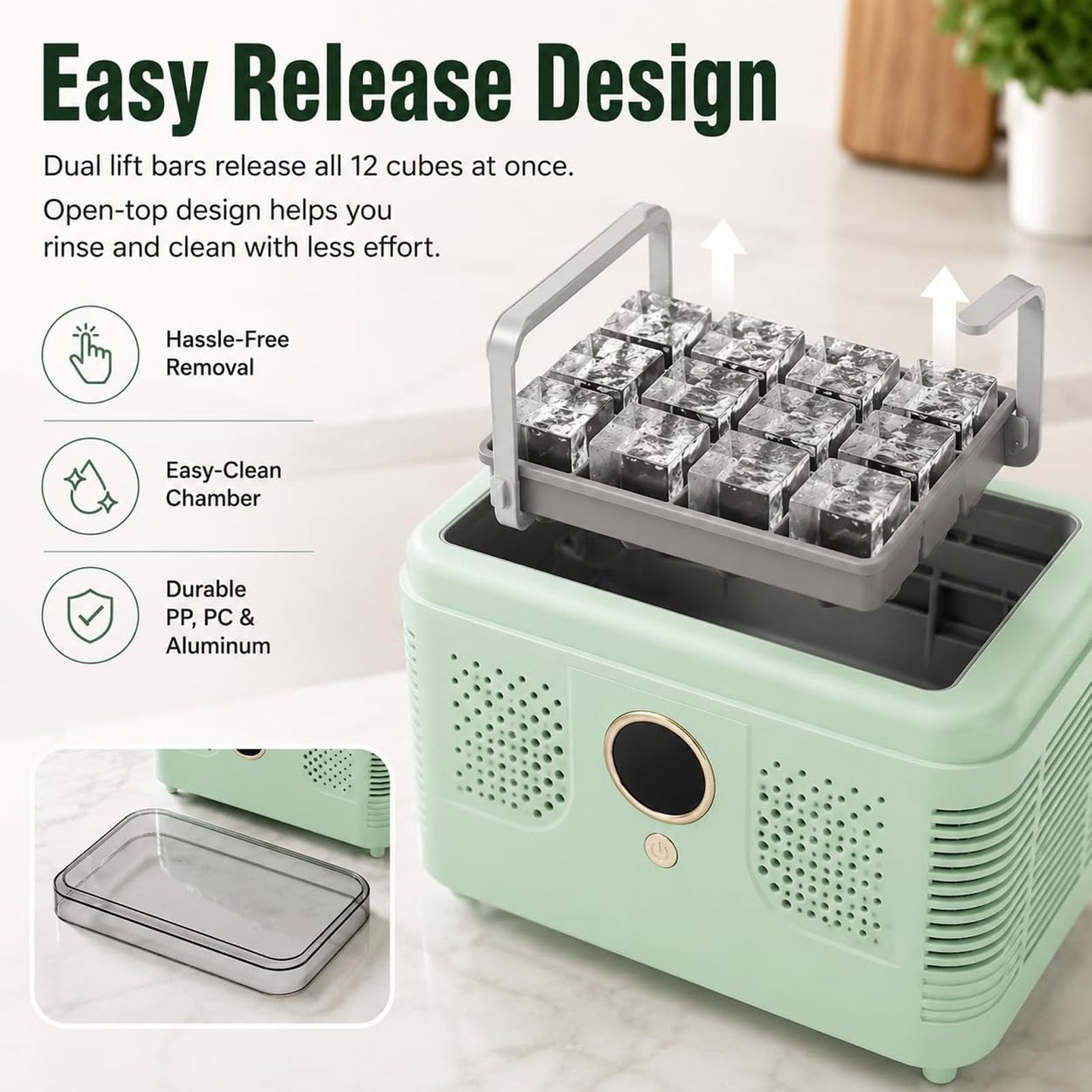 Fabbricatore di ghiaccio da banco, 16 kg/24 ore, adatto anche per auto. | Ice Cube Maker portatile, 12V DC Mini Ice Maker per auto, 15 minuti / 12 cubi per cucina domestica, viaggi, campeggio(green)