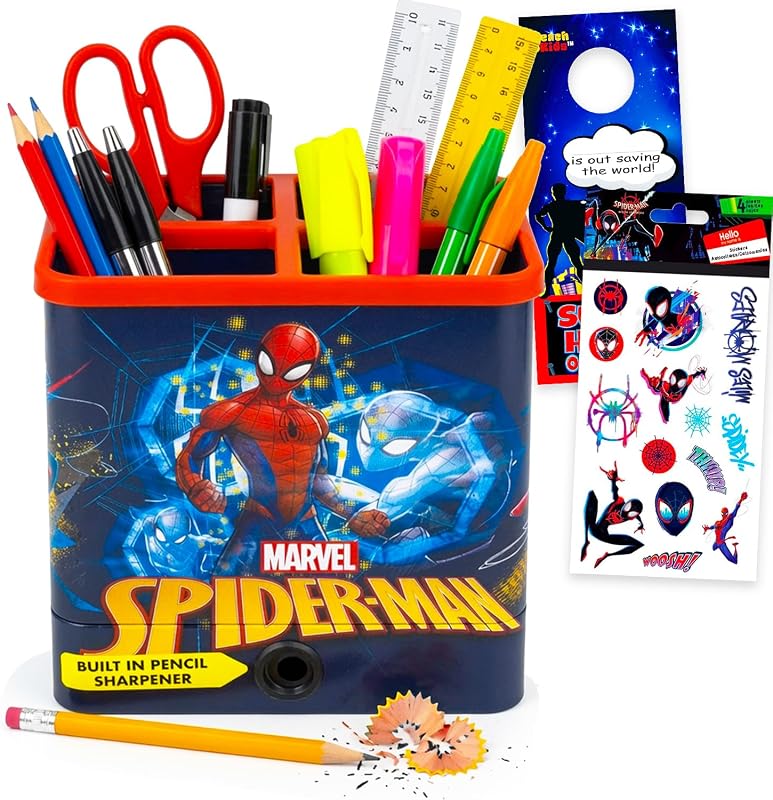 Juego de lápiz y bolígrafo de Spiderman - Paquete con organizador de escritorio Marvel, sacapuntas, pegatinas, más | Paquete de papelería de útiles escolares de Spiderman