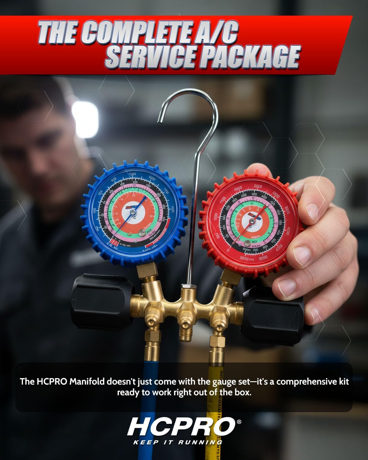 HCPRO Black Knight Series 2 Valve Brass Manifold Gauge Set, Piston Type, R410A R22 R404A Refrigerant, 68mm Gauges, 3ft Color-Coded Premium Hoses, HVAC Service Tool PSI-KPa/°C